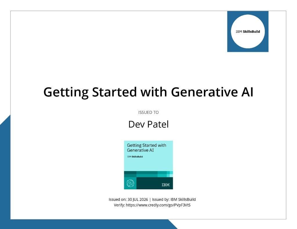 Getting Started with Generative AI certificate issued to Dev Patel by IBM SkillsBuild