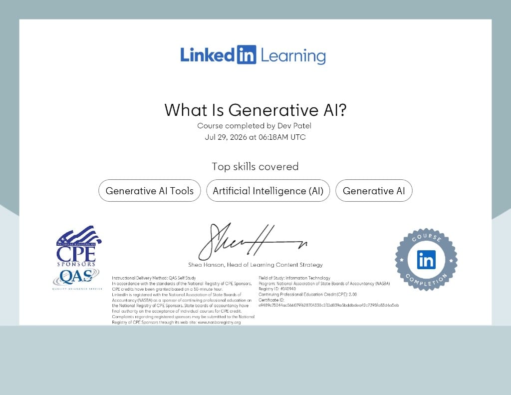 What Is Generative AI? certificate issued to Dev Patel by LinkedIn Learning